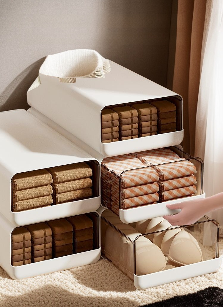 Household underwear and socks storage box neatly arranged in a drawer
