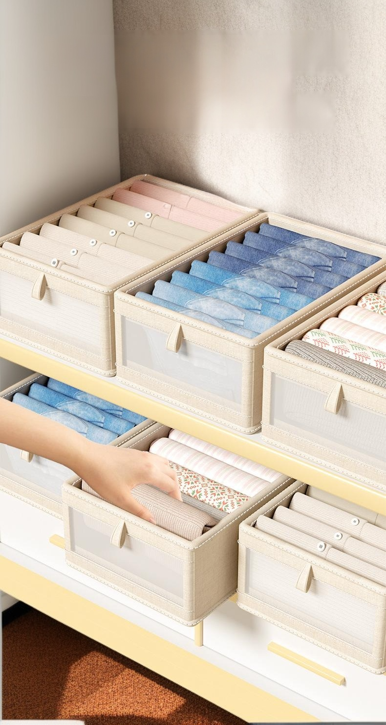 Japanese style cotton and linen clothes storage box on shelf