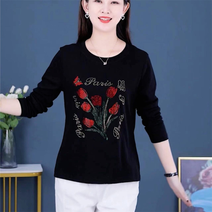 長袖燙鑽顯瘦洋氣女裝打底衫，100%羊毛，柔軟親膚不起球 經典版型 時尚有氣質，穿上年輕10歲