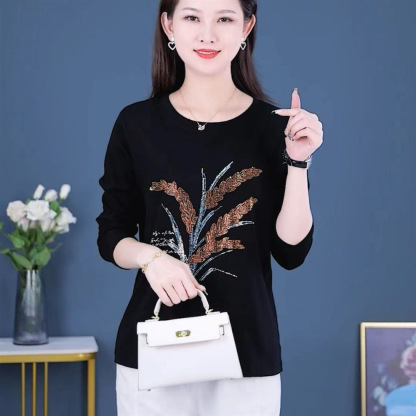 長袖燙鑽顯瘦洋氣女裝打底衫，100%羊毛，柔軟親膚不起球 經典版型 時尚有氣質，穿上年輕10歲