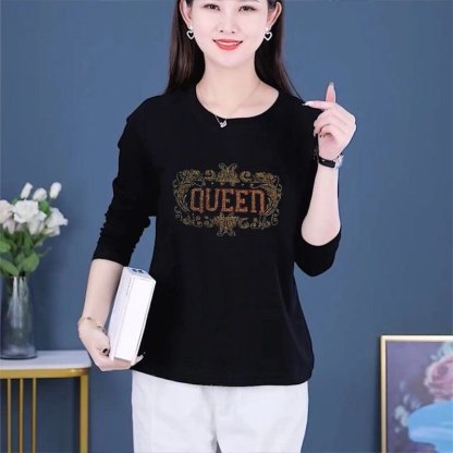 長袖燙鑽顯瘦洋氣女裝打底衫，100%羊毛，柔軟親膚不起球 經典版型 時尚有氣質，穿上年輕10歲