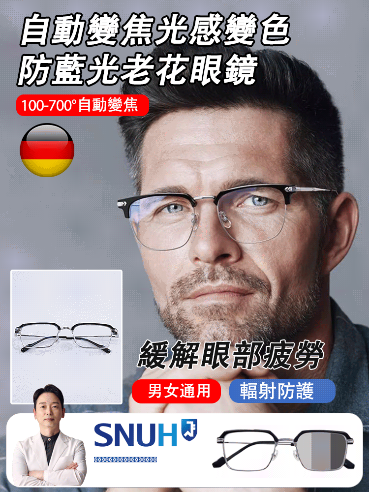 【100—700度自動調節】自動變焦光感變色防藍光老花眼鏡