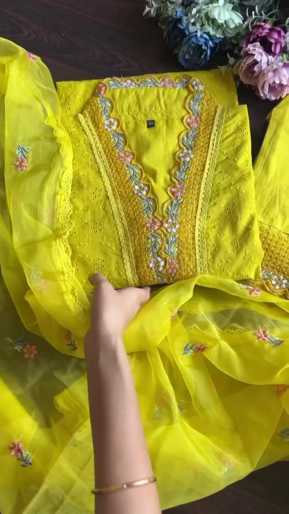 Mustard Embroidered Silk Blend Straight Suit With Dupatta