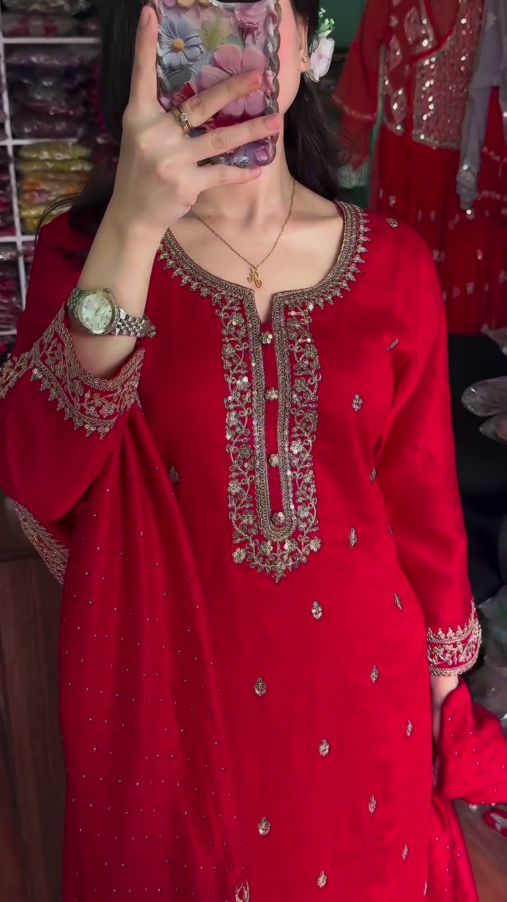 Elegant Chinon Silk Red Sharara Dress for Karwa Chauth – A Perfect Blend of Tradition and Glamour