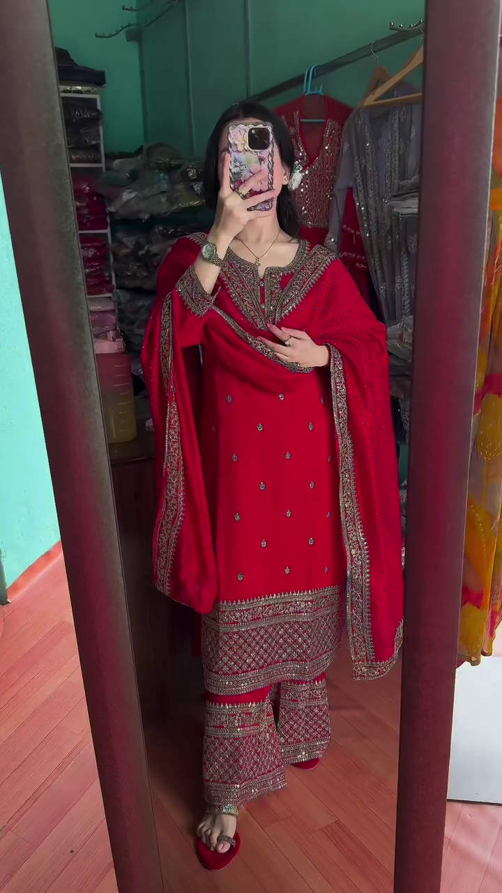 Elegant Chinon Silk Red Sharara Dress for Karwa Chauth – A Perfect Blend of Tradition and Glamour