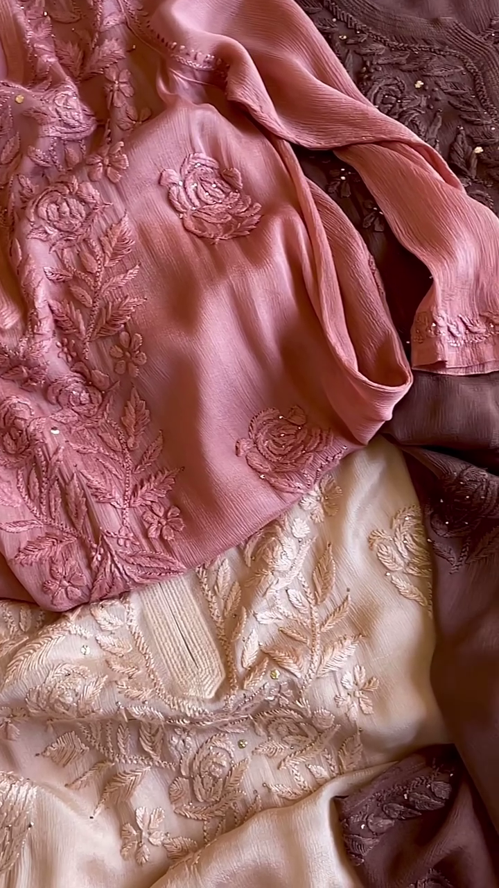 Elegant Pink, Brown, and White Premium Cotton Chikankari Kurta – Traditional Artistry with Modern Comfort