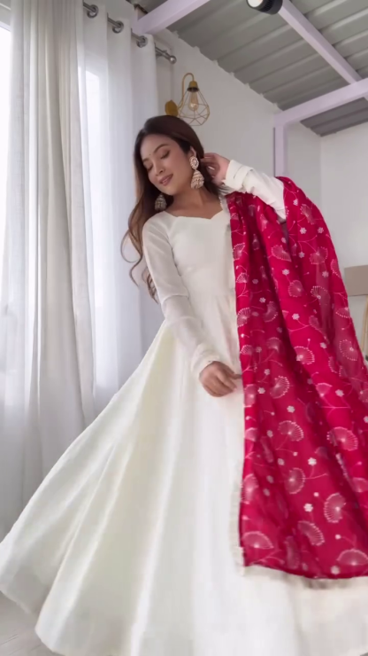 White Vichitra Silk Anarkali Suit with Rani Pink Heavy Dupatta – A Perfect Blend of Elegance and Royalty