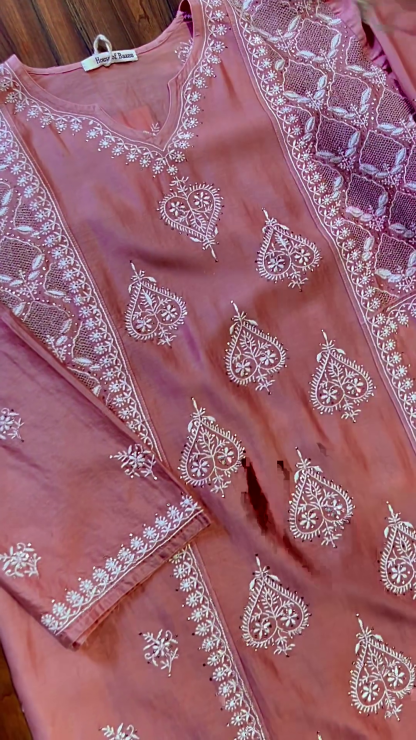 Mulmul Organza Paniz Orange Kurta With Mulmul Cotton Paniz Orange Pant