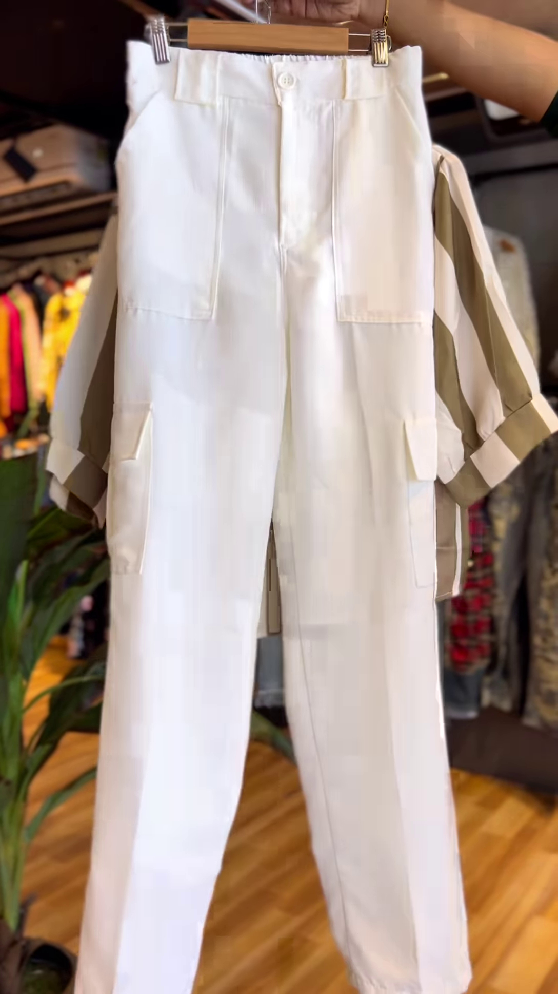 Olive & White Striped Shirt with Crochet Bralette & Wide-Leg Pants – Effortless Boho Chic