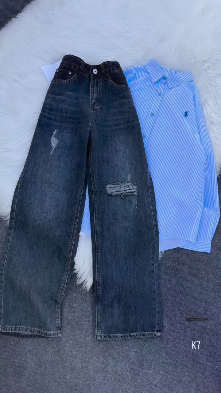 Classic Blue Striped Shirt & Distressed Black Denim – Chic Streetwear