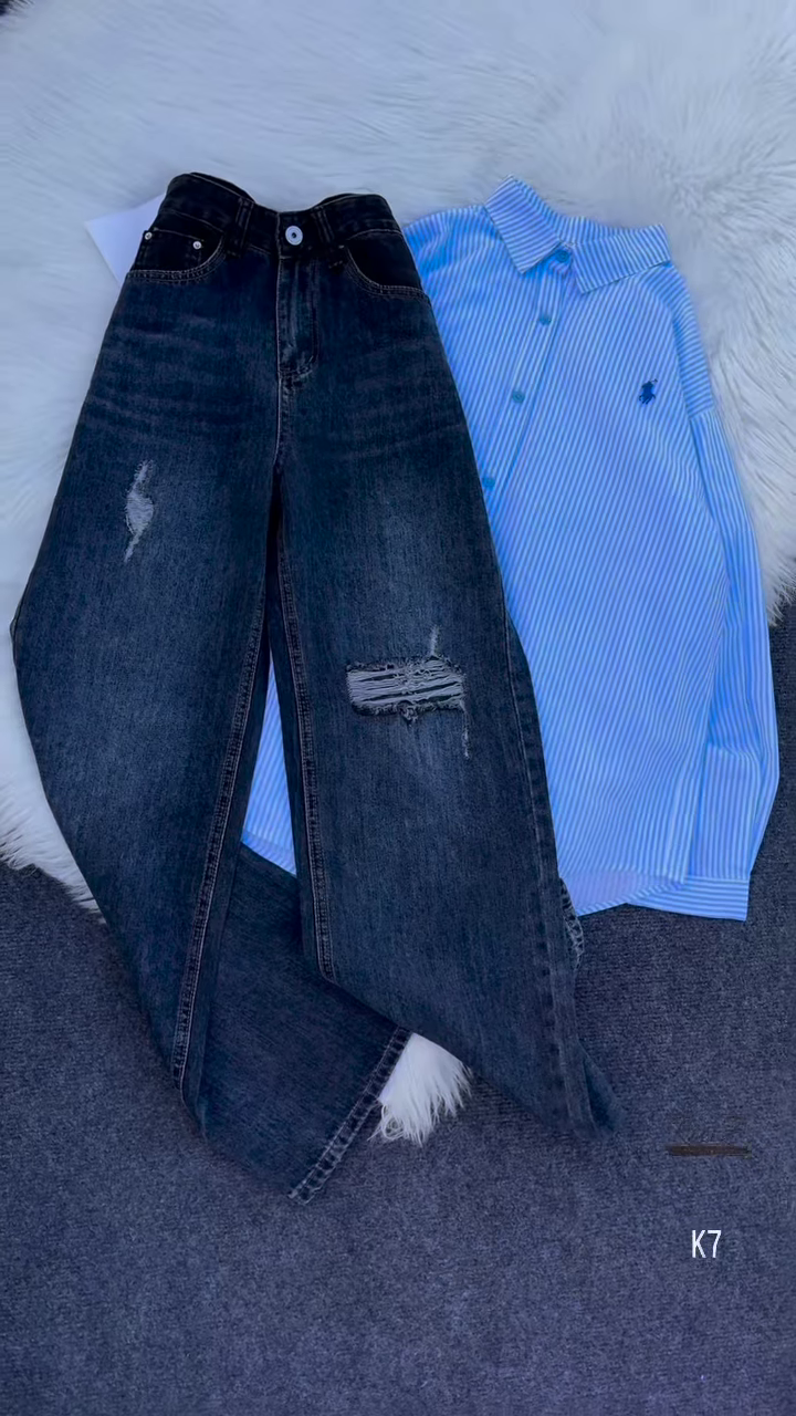 Classic Blue Striped Shirt & Distressed Black Denim – Chic Streetwear