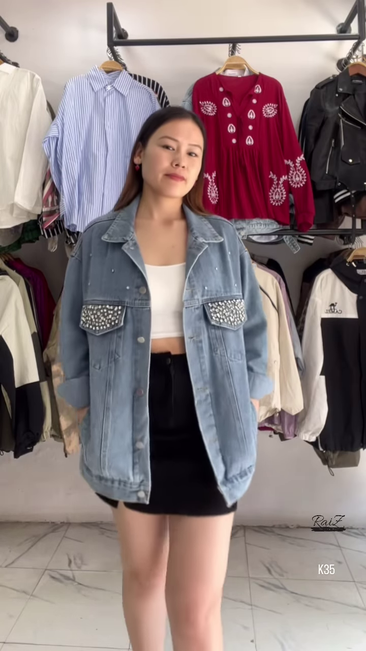 Embellished Oversized Denim Jacket – Edgy & Chic