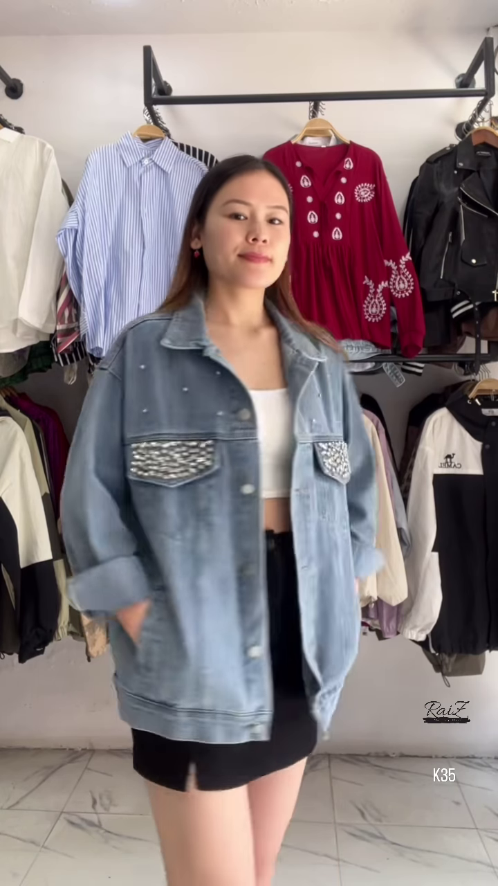 Embellished Oversized Denim Jacket – Edgy & Chic