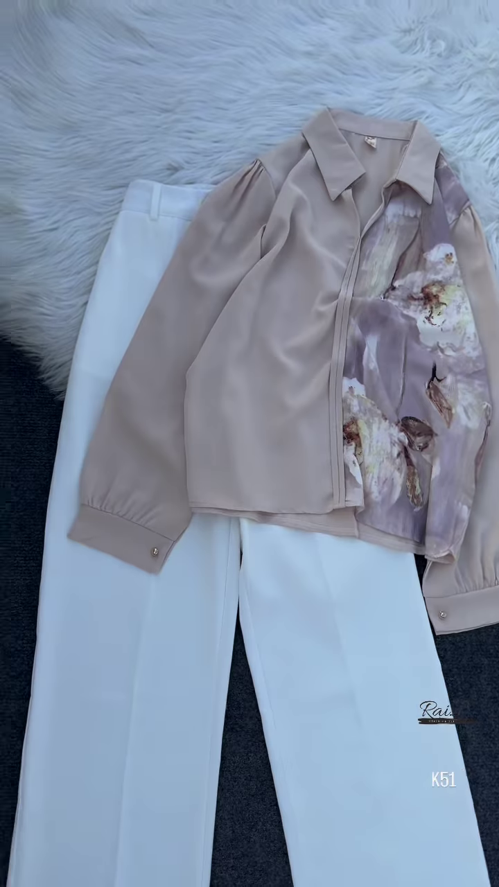 Elegant Floral Blouse & Wide-Leg Pants Set – Chic & Sophisticated