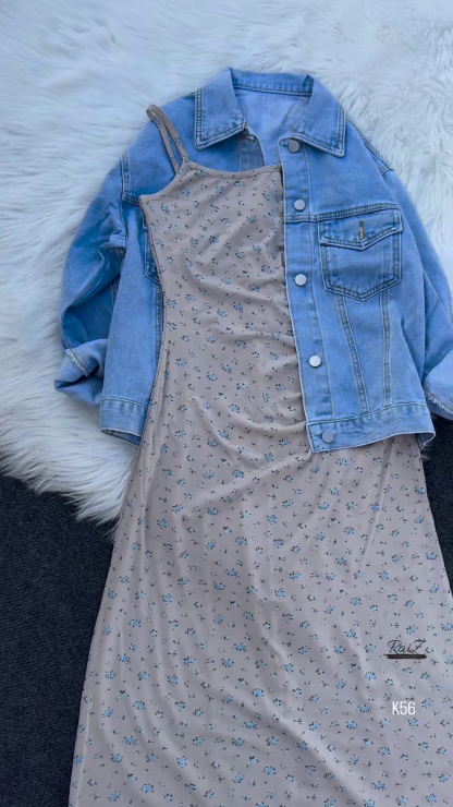 Casual Floral Midi Dress with Denim Jacket – Effortless Chic
