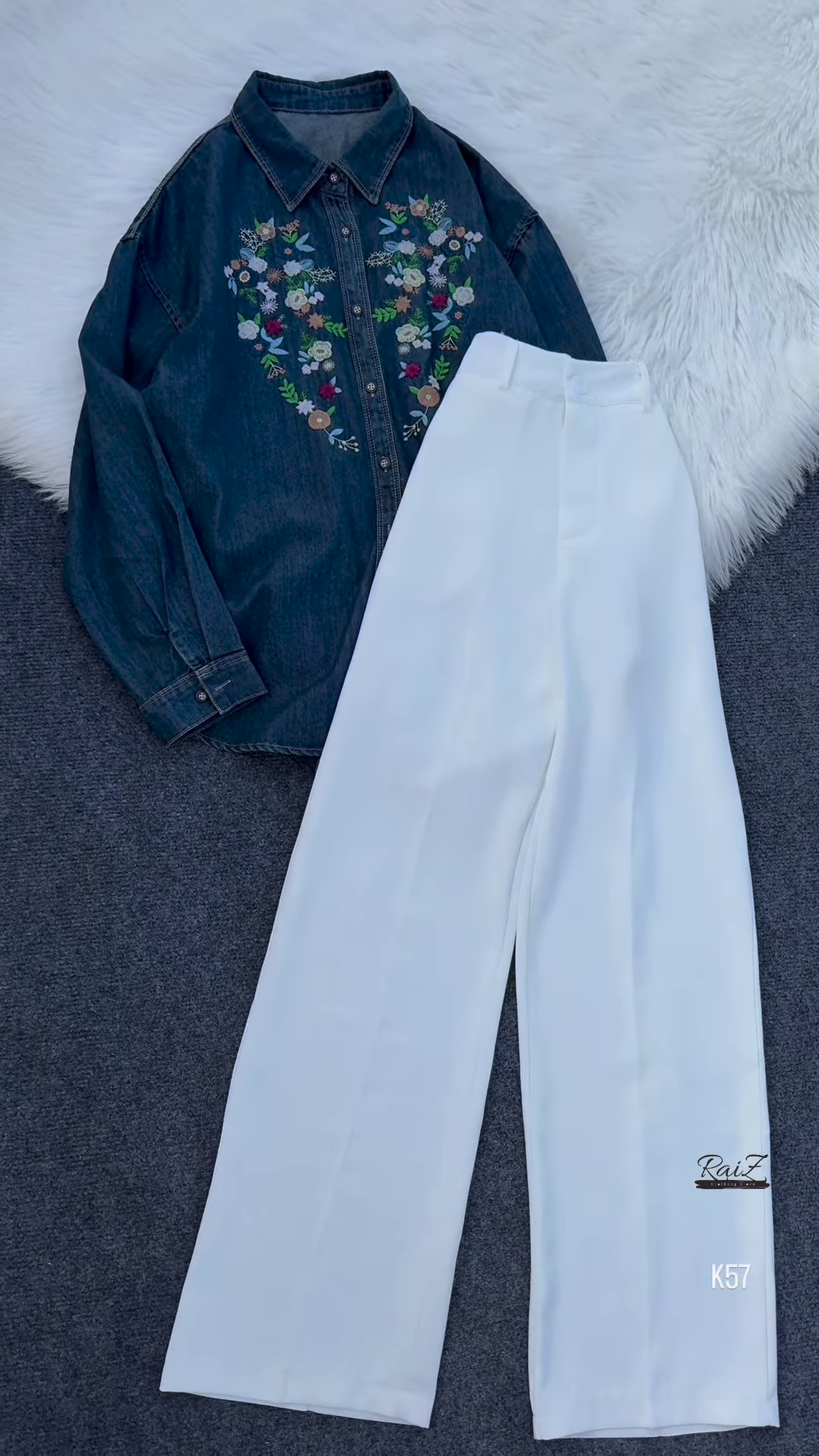 Embroidered Denim Shirt with White Wide-Leg Pants – Classic & Elegant