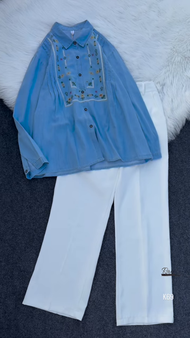 Embroidered Denim Shirt with White Wide-Leg Pants – Elegant & Stylish