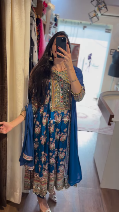 Royal Blue & Red Ethnic Elegance – Timeless Floral & Mirror Work