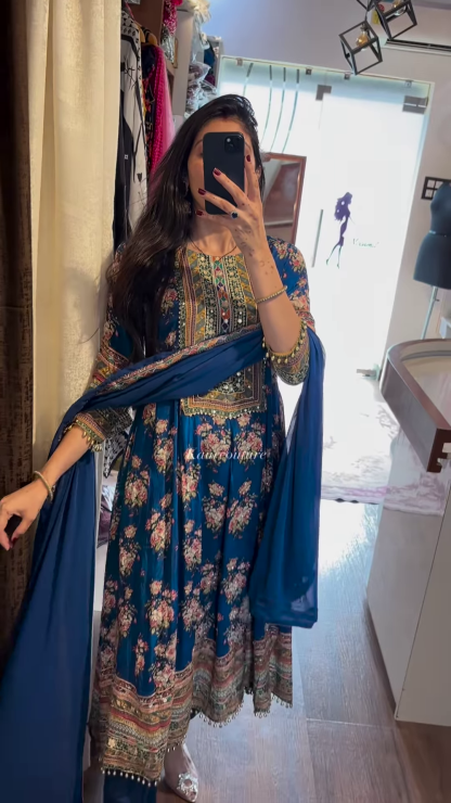 Royal Blue & Red Ethnic Elegance – Timeless Floral & Mirror Work