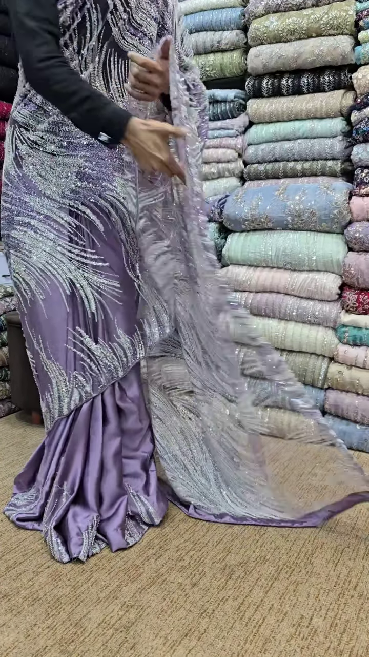 Elegant Lavender Shine – Designer Embroidered Saree