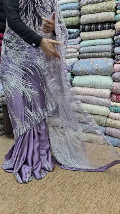 Elegant Lavender Shine – Designer Embroidered Saree