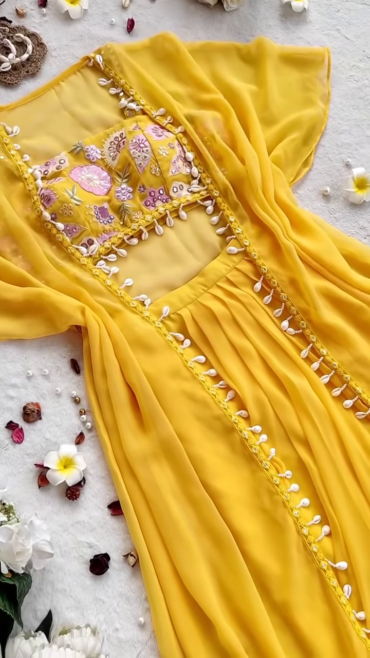 🌼 Sunshine Glow – Yellow Embroidered Cape Set with Shell Detailing 🌼