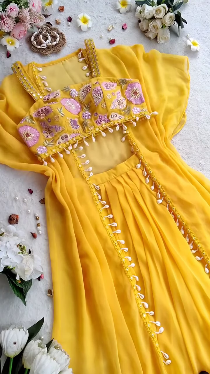 🌼 Sunshine Glow – Yellow Embroidered Cape Set with Shell Detailing 🌼