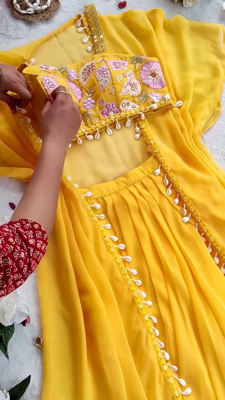 🌼 Sunshine Glow – Yellow Embroidered Cape Set with Shell Detailing 🌼