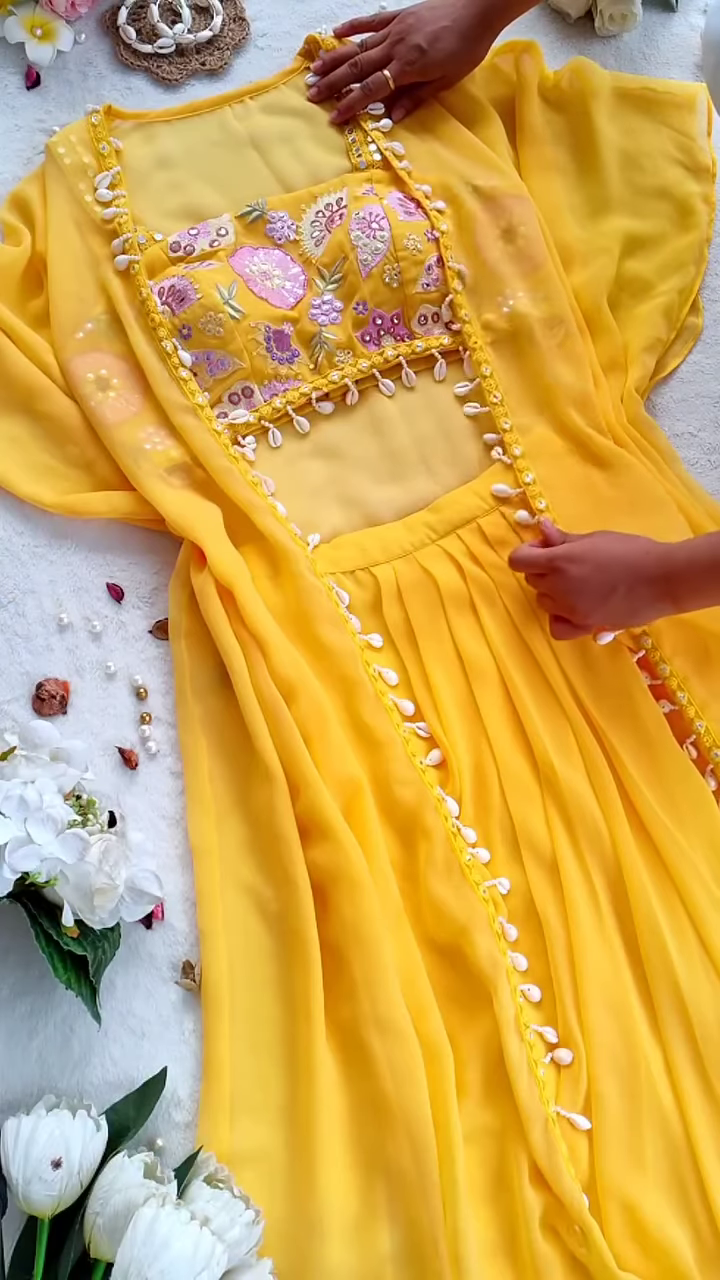 🌼 Sunshine Glow – Yellow Embroidered Cape Set with Shell Detailing 🌼