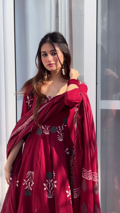🌹 Timeless Grace – Maroon Ethnic Anarkali Set 🌹