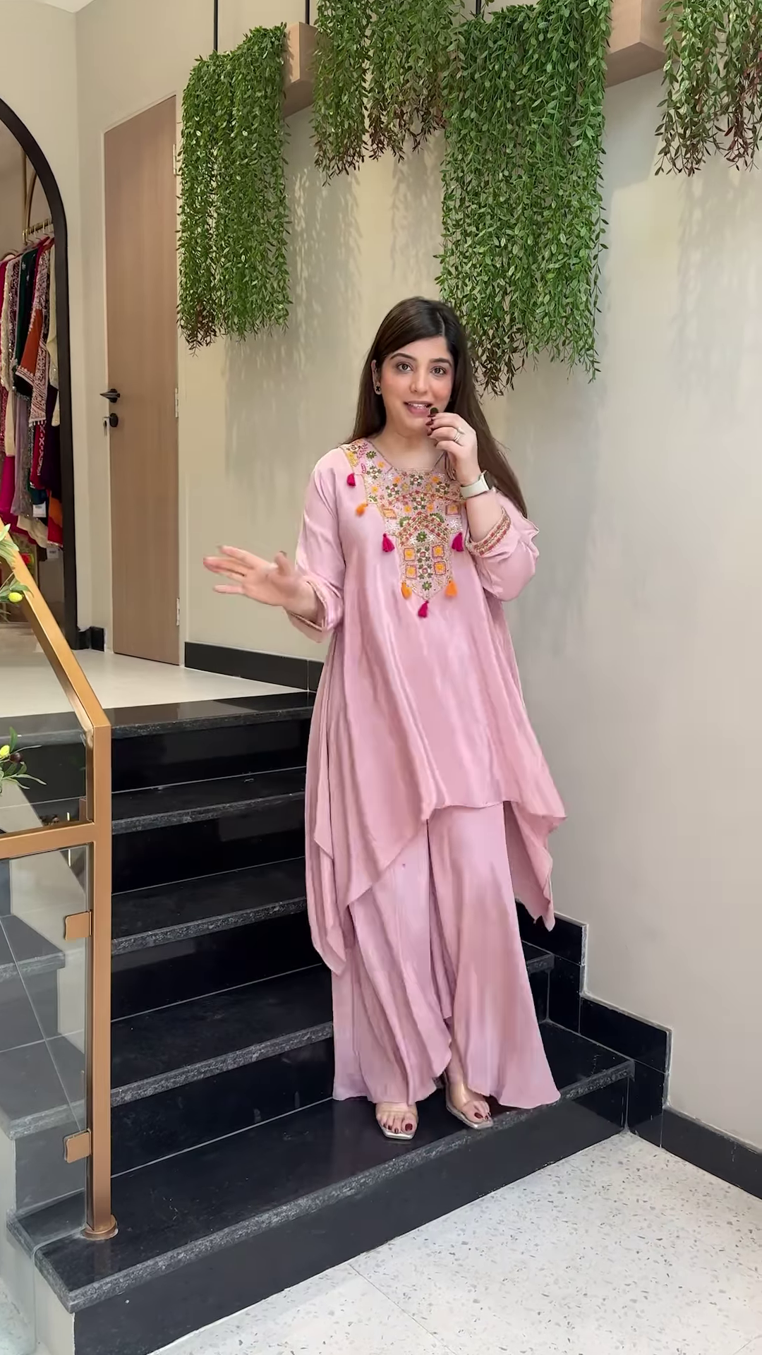 Asymmetrical Kurta & Palazzo Set with Mirror Work & Tassel Detailing