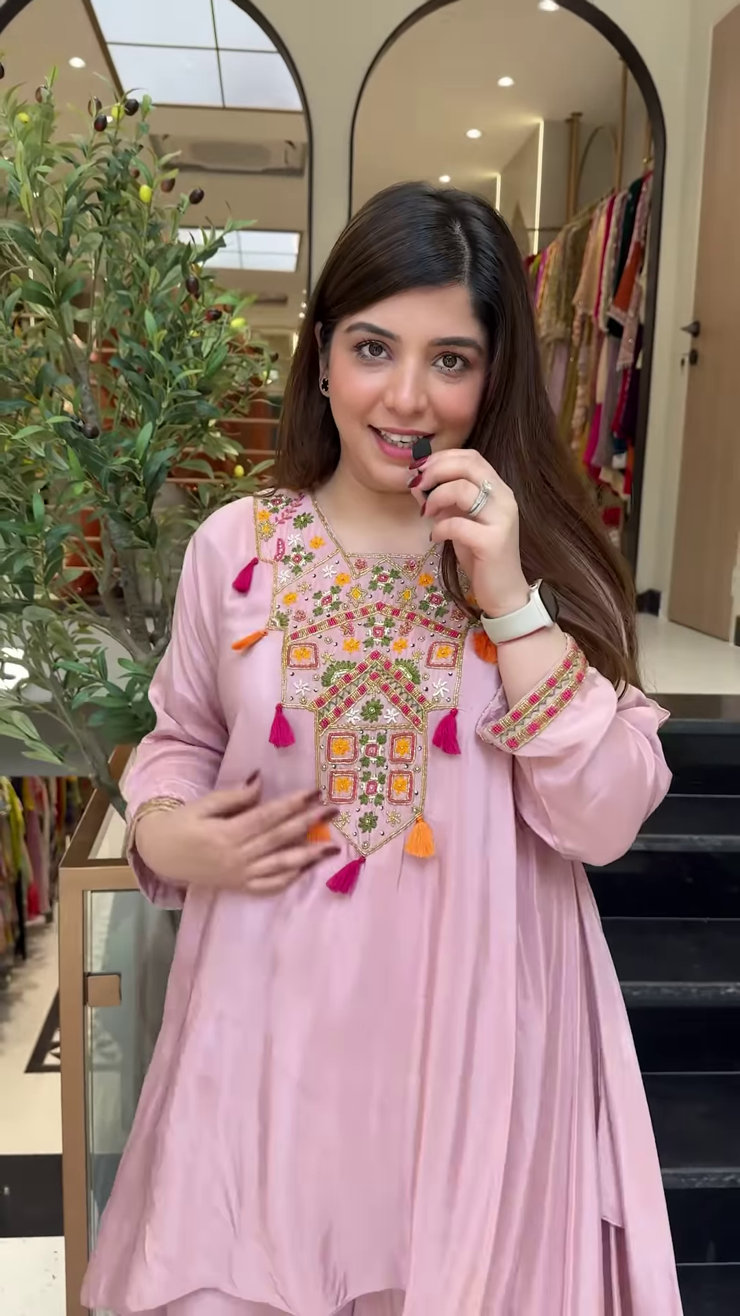 Asymmetrical Kurta & Palazzo Set with Mirror Work & Tassel Detailing