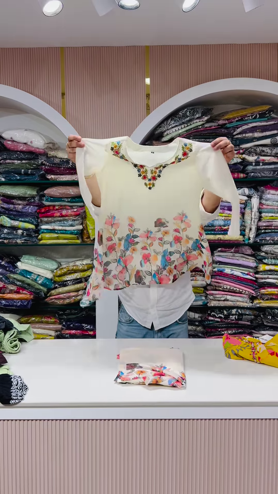 Ivory Chiffon Floral Top with Embroidered Neckline