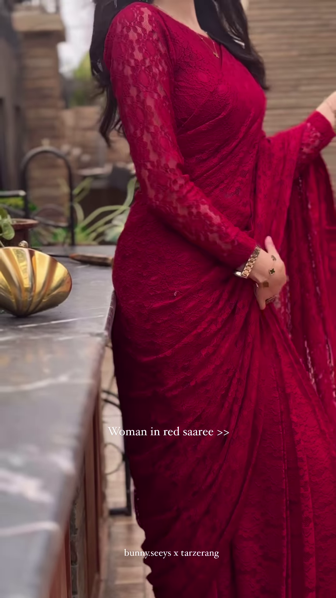 Grace in Crimson – Elegant Lace Red Saree Look ✨