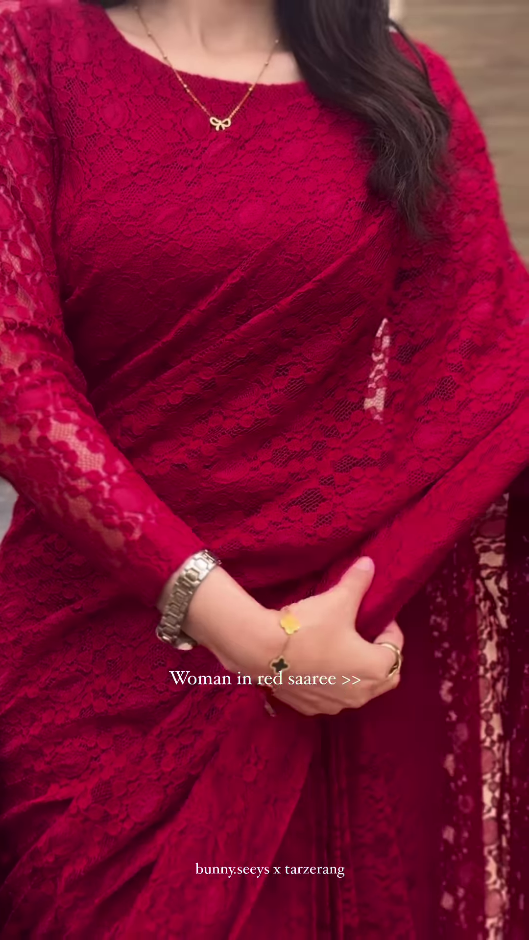 Grace in Crimson – Elegant Lace Red Saree Look ✨