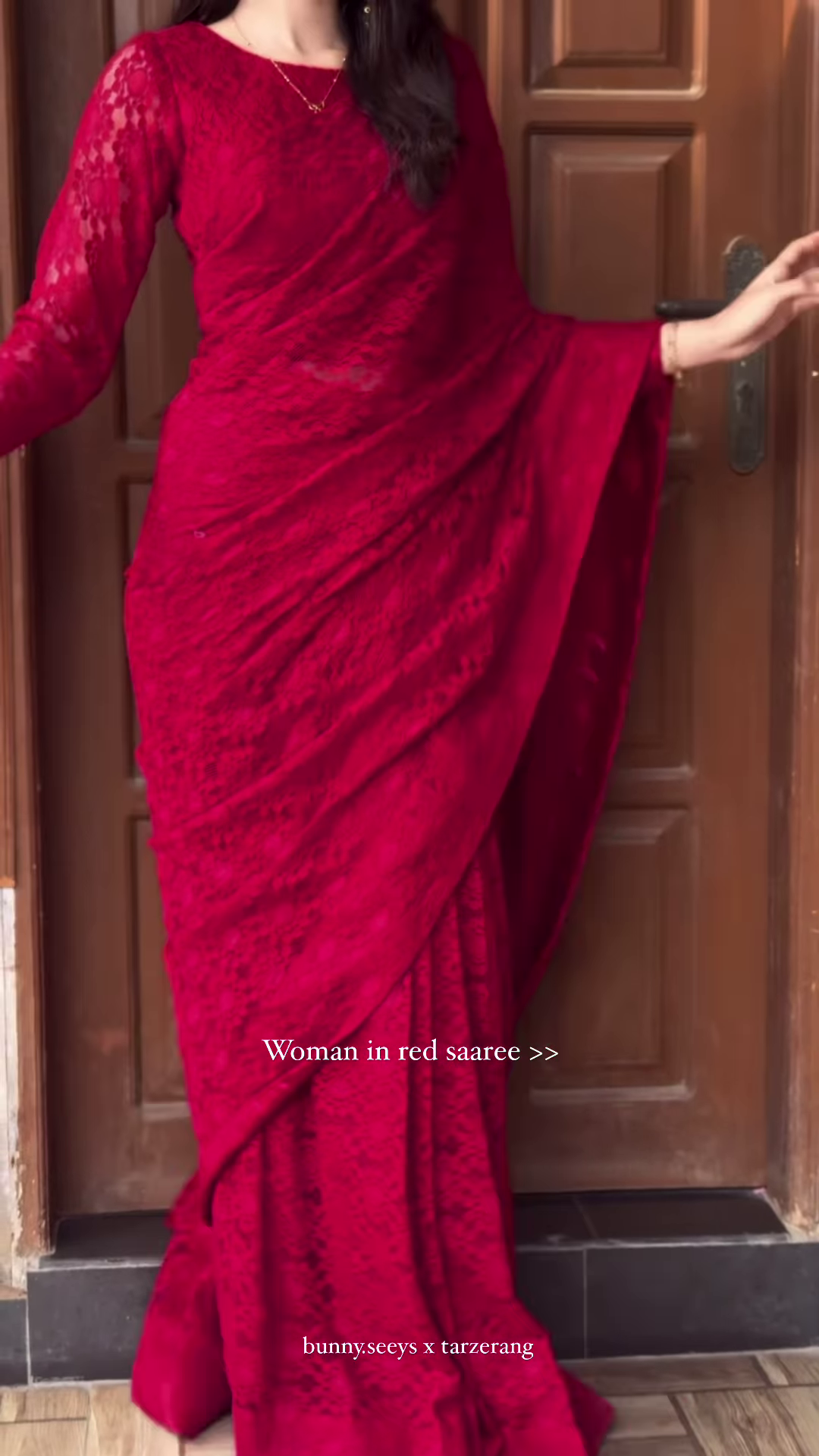 Grace in Crimson – Elegant Lace Red Saree Look ✨