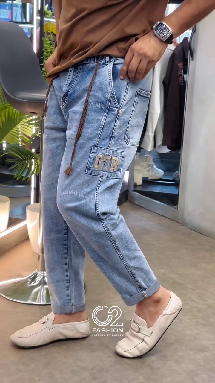 Men’s Denim Cargo Jeans with GTR Patch – Urban Street Style 🧢