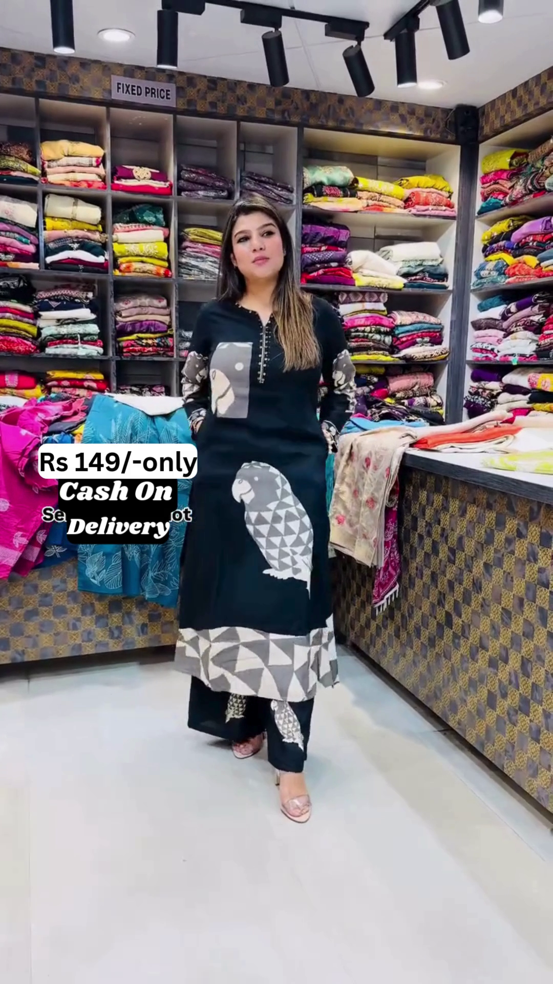 Trendy Printed Black Kurti with Parrot Design – Elegant & Affordable Ethnic Wear