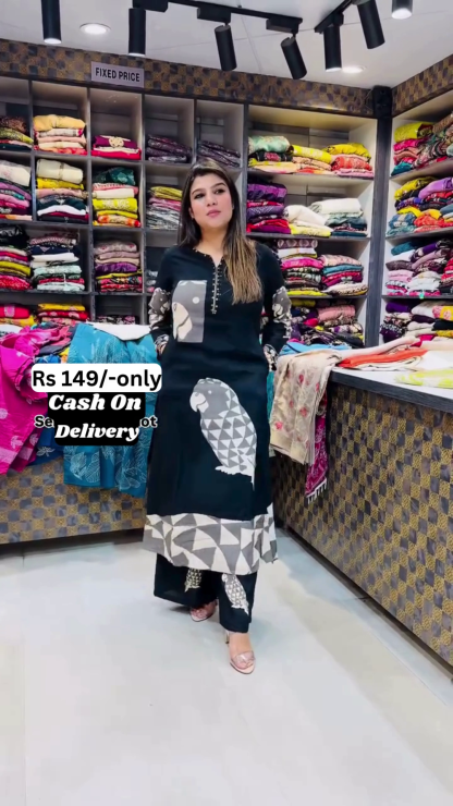 Trendy Printed Black Kurti with Parrot Design – Elegant & Affordable Ethnic Wear