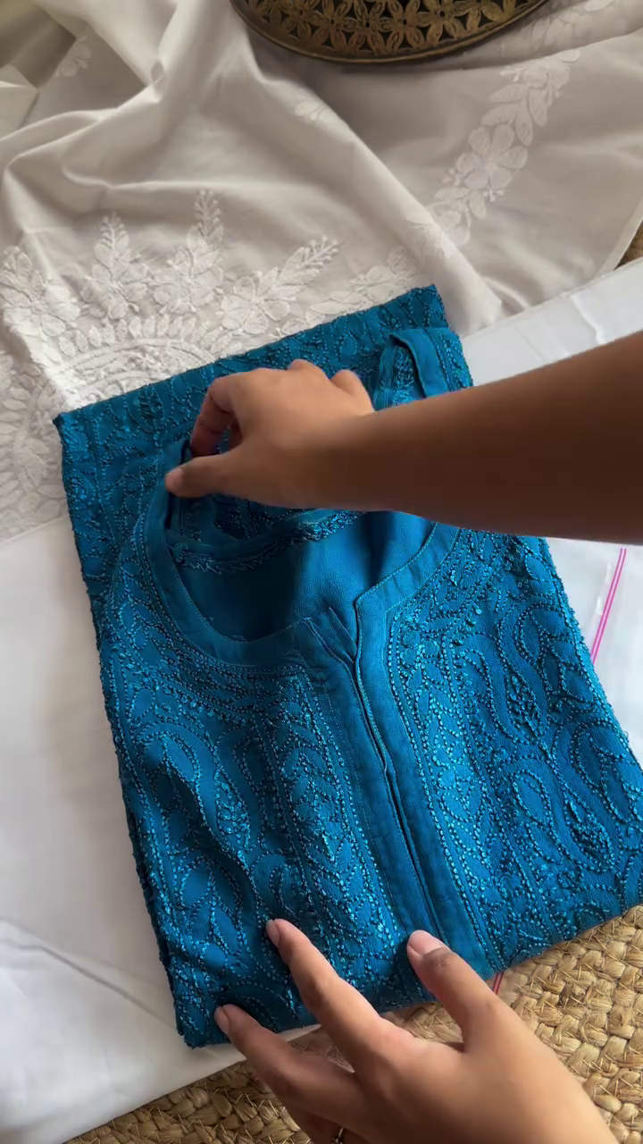 Teal Blue Chikankari Style Embroidered Kurti Set