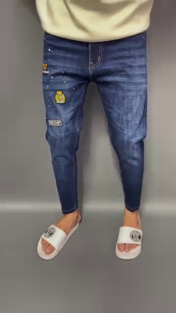 Men’s Designer Slim-Fit Denim Jeans with Fun Patchwork – Street Style Statement