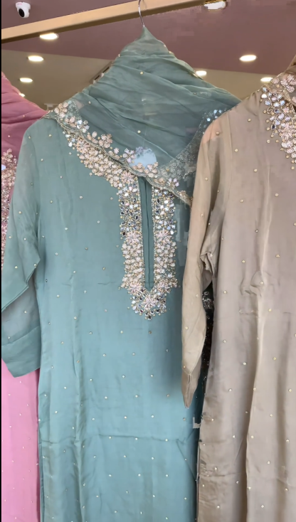 Stylish Pink, Green, and Gray Kurtis with Unique Neck Designs