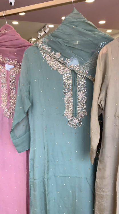 Stylish Pink, Green, and Gray Kurtis with Unique Neck Designs