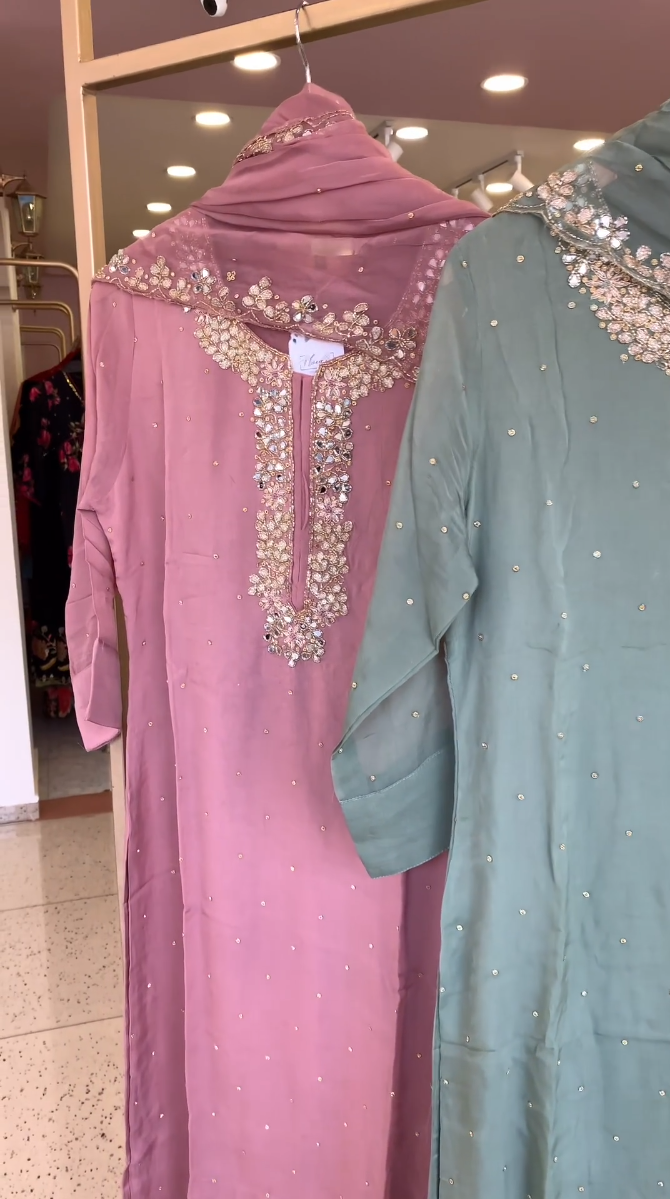Stylish Pink, Green, and Gray Kurtis with Unique Neck Designs