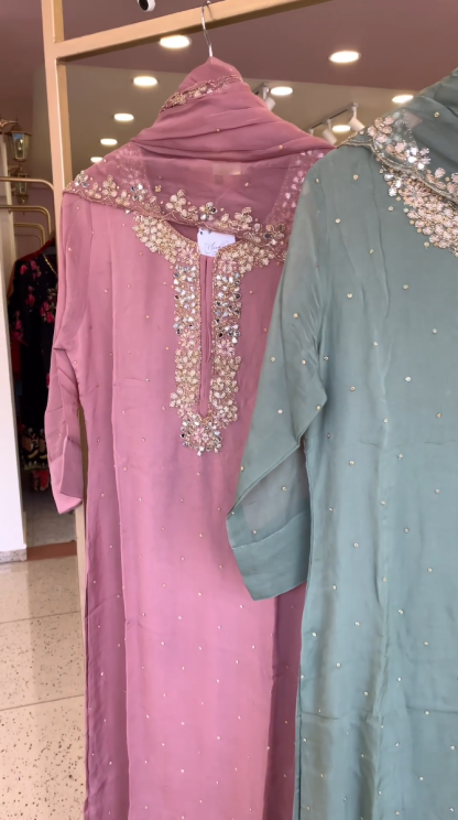 Stylish Pink, Green, and Gray Kurtis with Unique Neck Designs