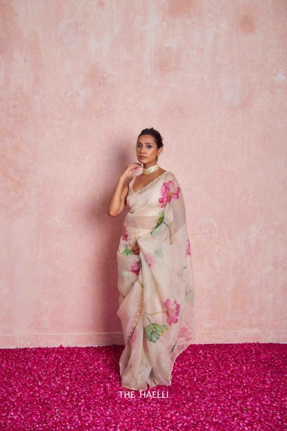 Sufi White and Pink Organza Silk Saree – A Whisper of Elegance