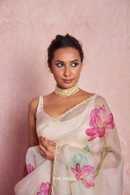 Sufi White and Pink Organza Silk Saree – A Whisper of Elegance