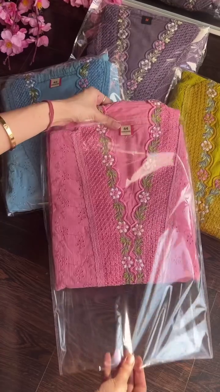 Pink Floral Handworked Anarkali Pant with Dupatta