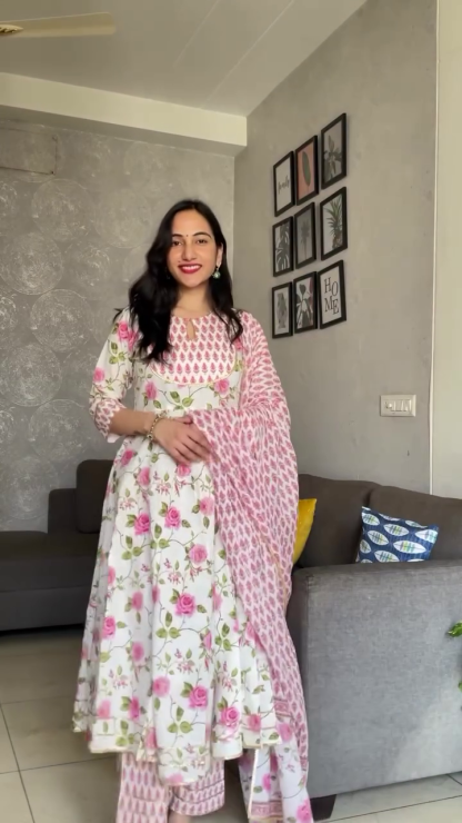 Festive Printed Cotton Kurtis in Pink, White, Blue, Green, and Black