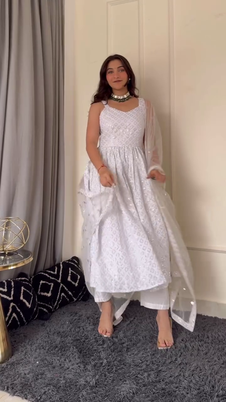 Elegant White & Pink Anarkali Suit with Net Dupatta and Sharara
